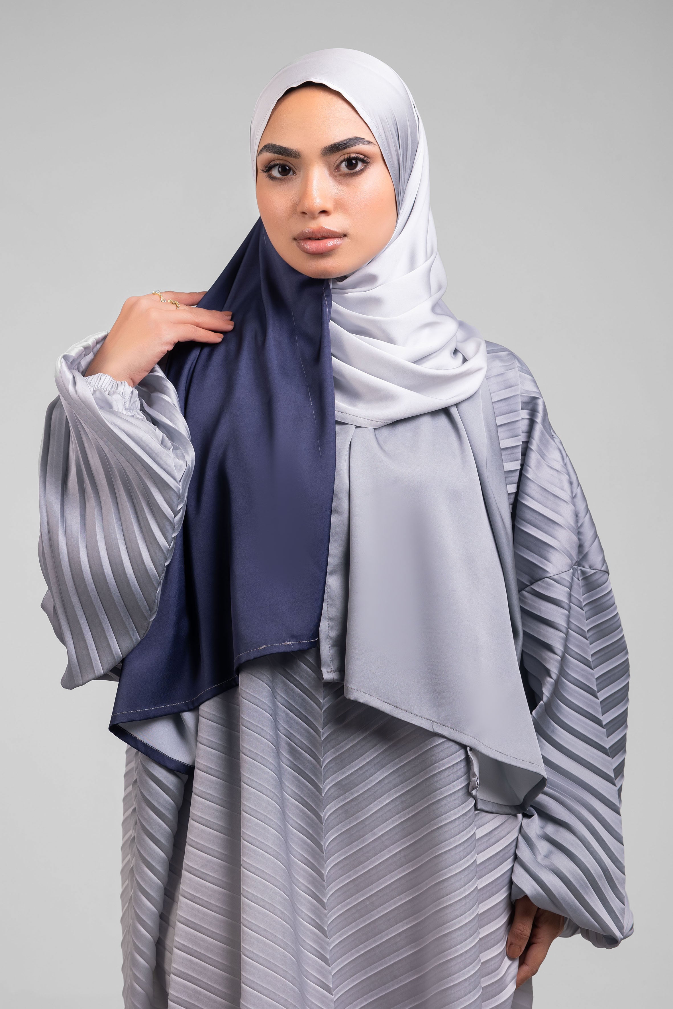 Grey to Navy pleated Satin